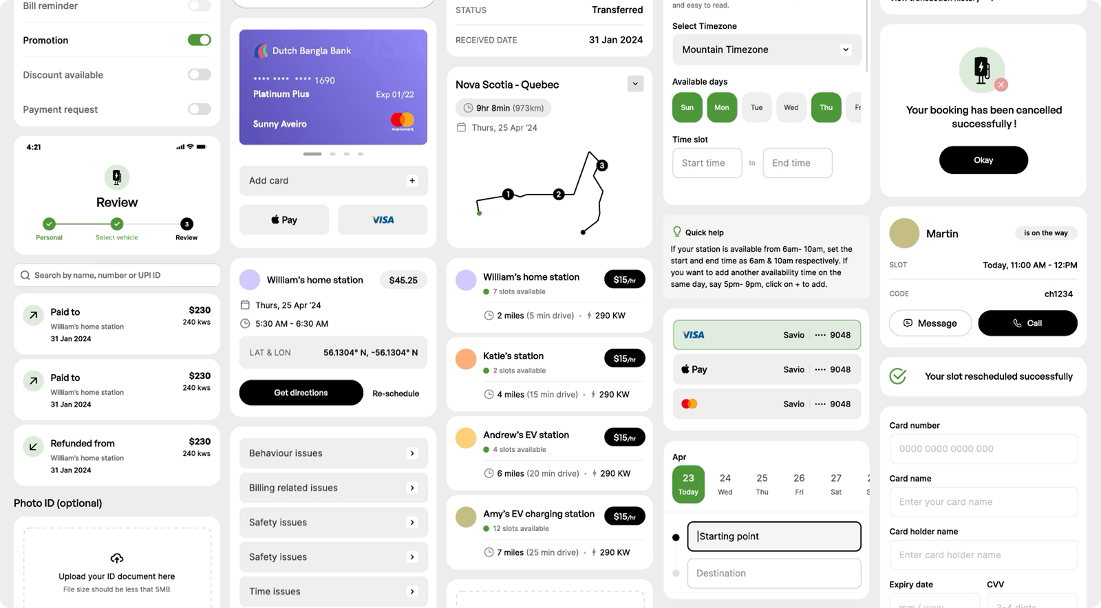 Chargin app screens, bookings, payments, and station details