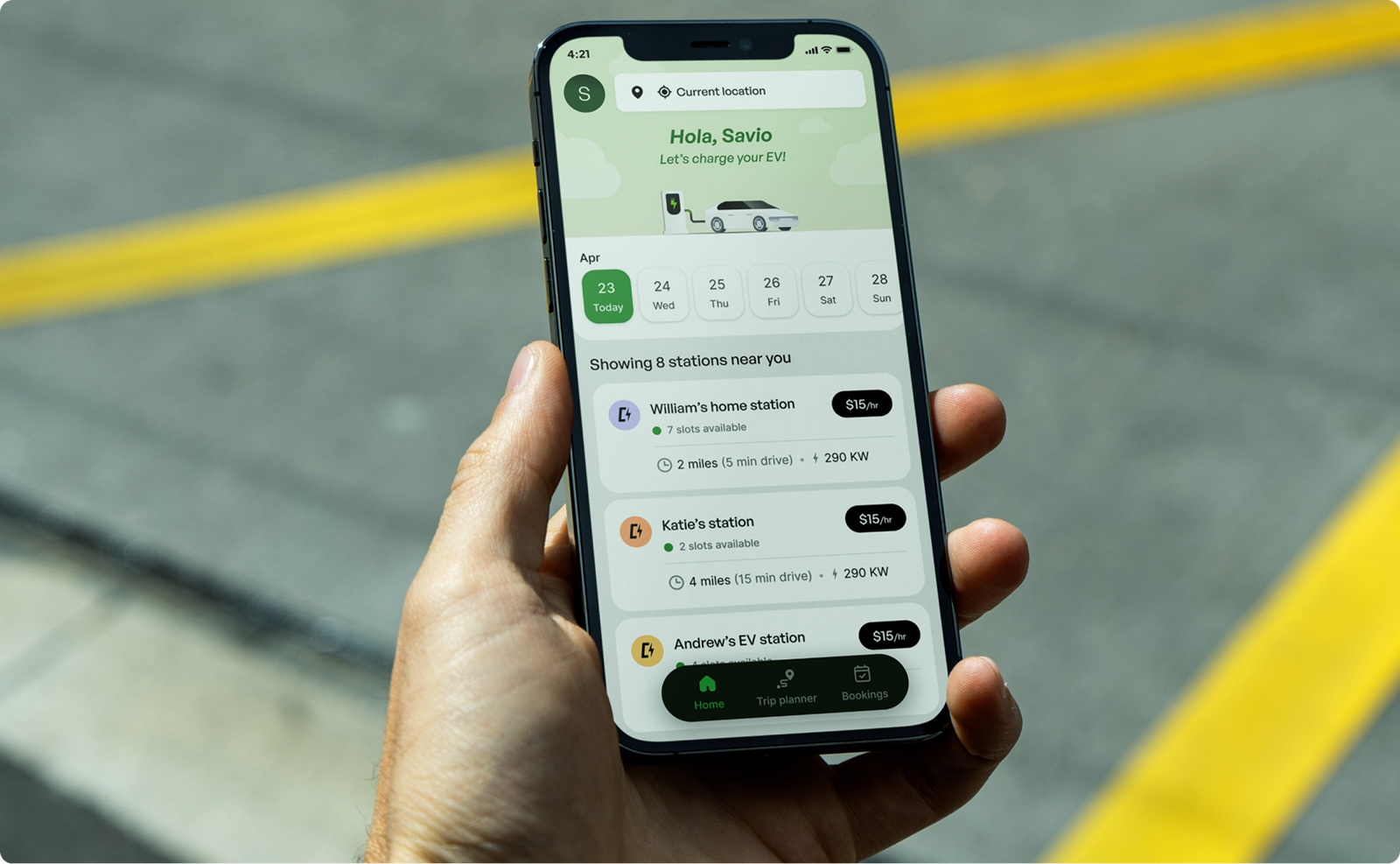 Chargin app, nearby charging stations, shown in hand
