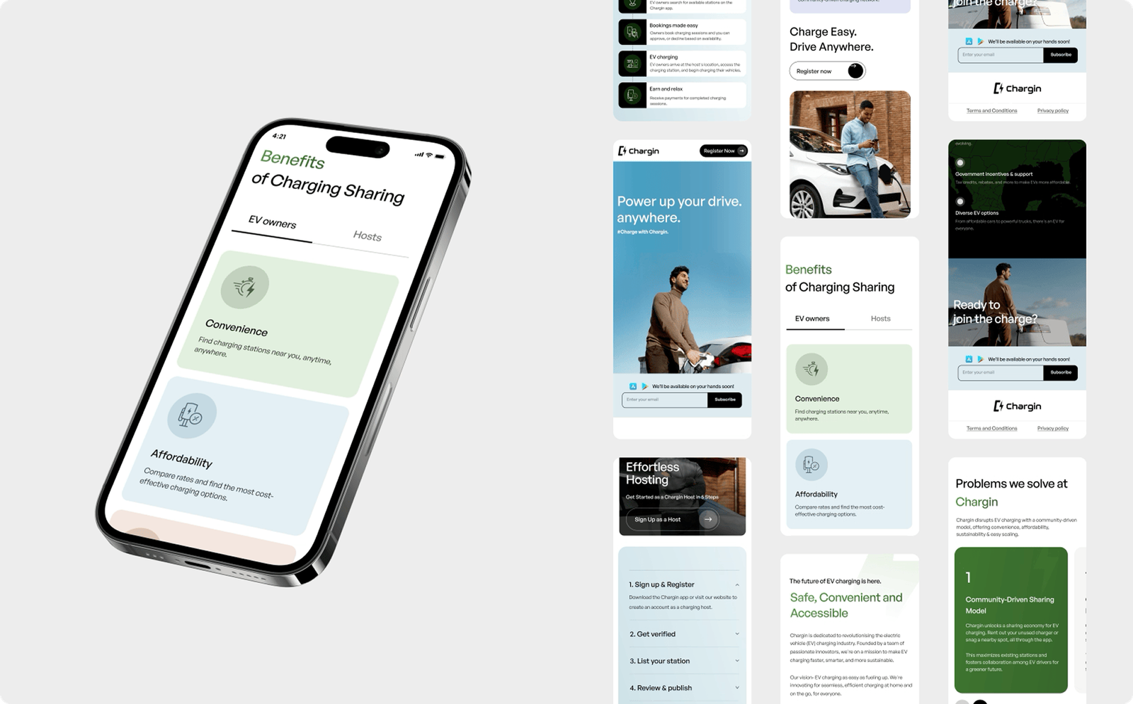 Chargin app and website screens, benefits, hosting, and onboarding