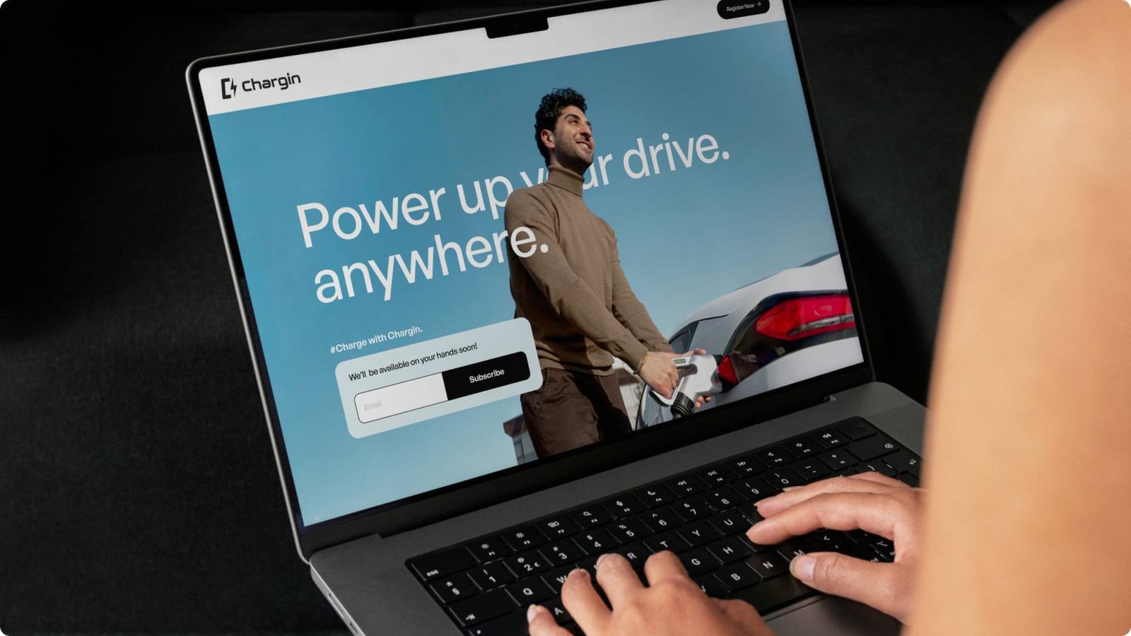 Chargin website, Power up your drive, anywhere, shown on a laptop